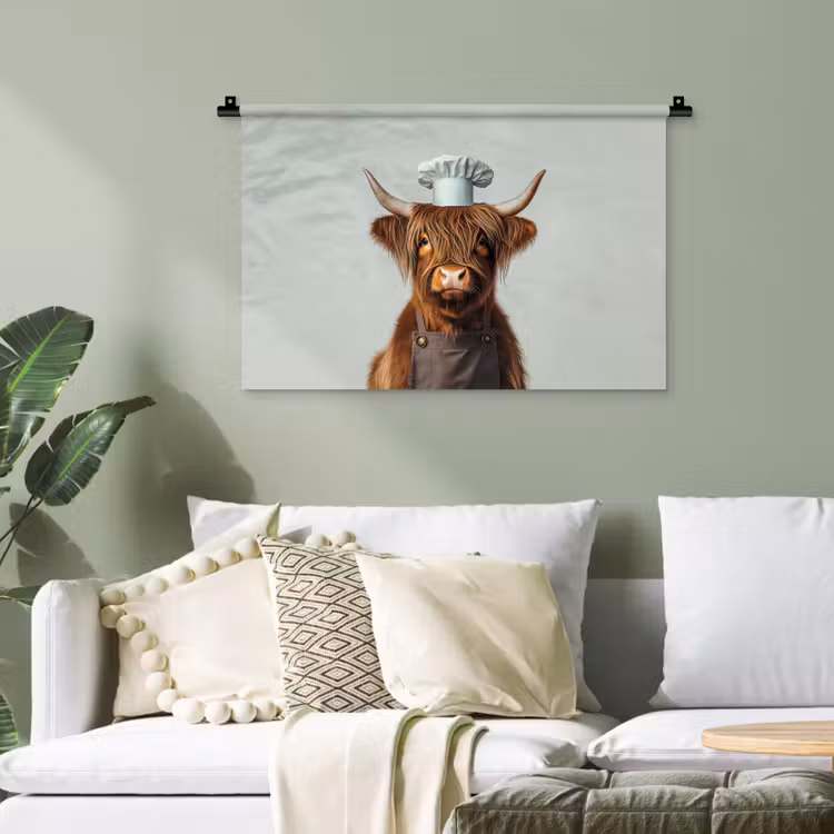 Schotse Hooglander - Bruin - Hoorns - Kokskleding Wandkleed katoen klein -sfeer7