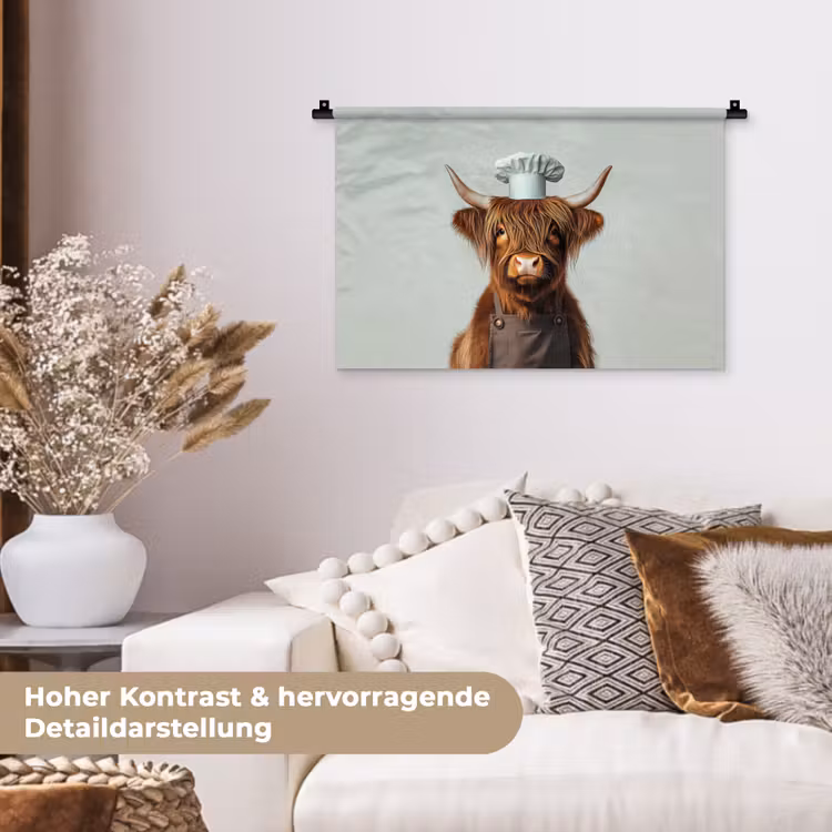 Schotse Hooglander - Bruin - Hoorns - Kokskleding Wandkleed katoen klein -tsfeer1_DE