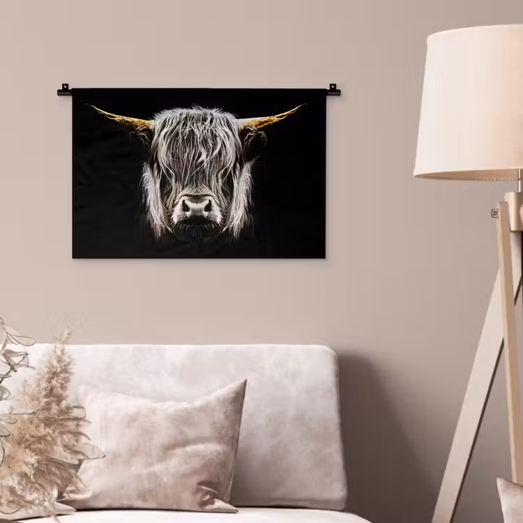 Schotse hooglander - Goud - Hoorns - Zwart wit - Koe - Dieren Wandkleed katoen klein -sfeer4