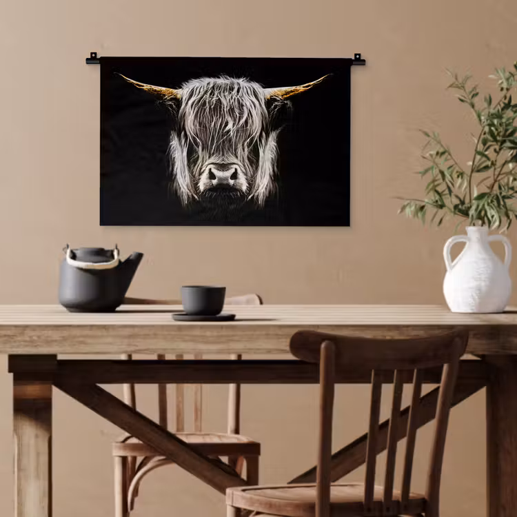 Schotse hooglander - Goud - Hoorns - Zwart wit - Koe - Dieren Wandkleed katoen klein -sfeer6