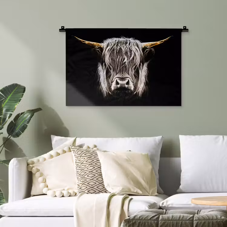Schotse hooglander - Goud - Hoorns - Zwart wit - Koe - Dieren Wandkleed katoen klein -sfeer7