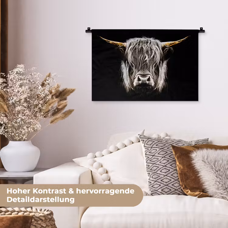 Schotse hooglander - Goud - Hoorns - Zwart wit - Koe - Dieren Wandkleed katoen klein -tsfeer1_DE