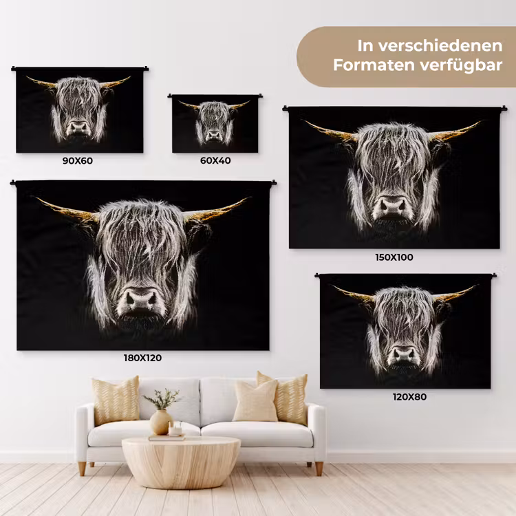 Schotse hooglander - Goud - Hoorns - Zwart wit - Koe - Dieren Wandkleed katoen klein -tsfeer8_DE