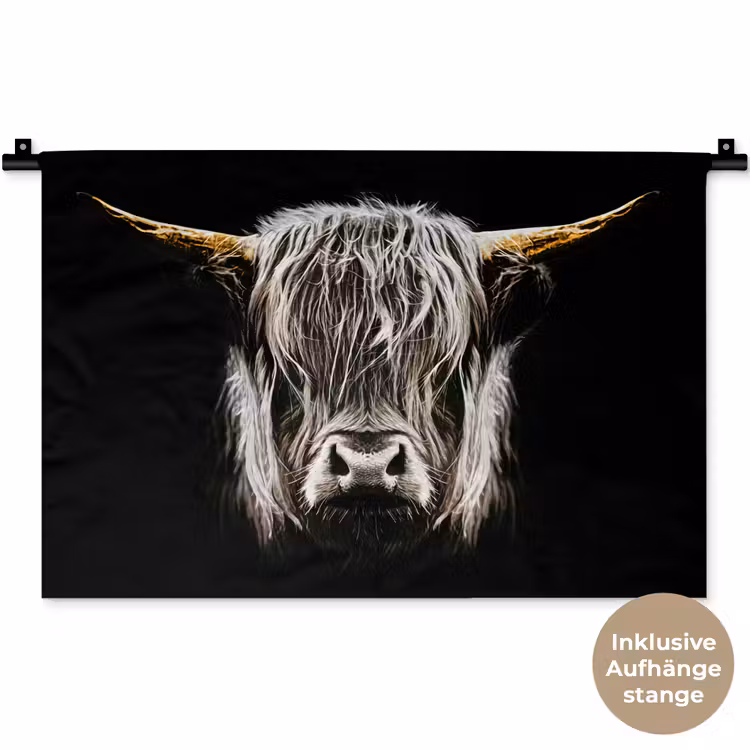 Schotse hooglander - Goud - Hoorns - Zwart wit - Koe - Dieren Wandkleed katoen klein -t3d_DE