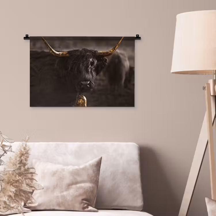 Schotse hooglander - Goud - Koebel - Hoorns - Dieren Wandkleed katoen klein -sfeer4