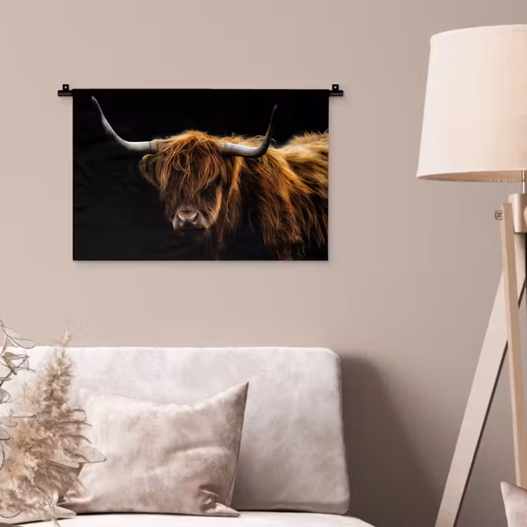 Schotse Hooglander - Horens - Zwart - Dieren - Natuur - Wild - Koe Wandkleed katoen klein -sfeer4
