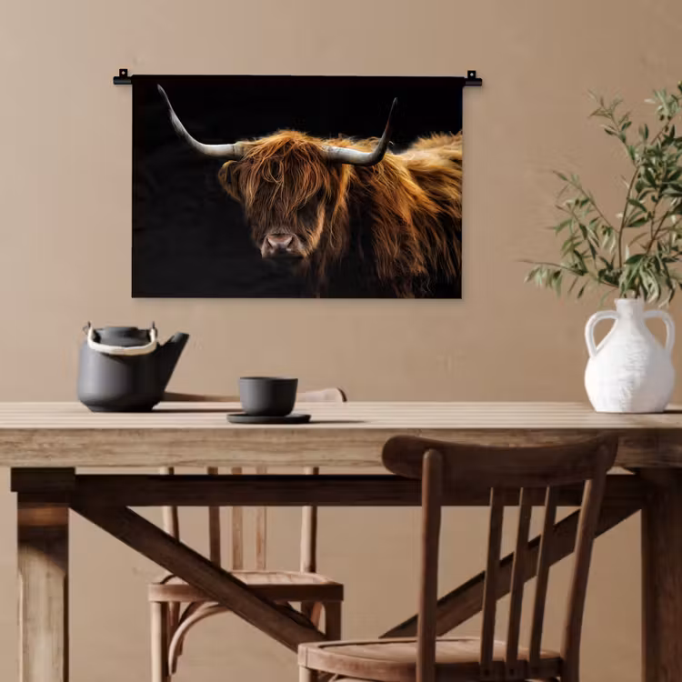 Schotse Hooglander - Horens - Zwart - Dieren - Natuur - Wild - Koe Wandkleed katoen klein -sfeer6