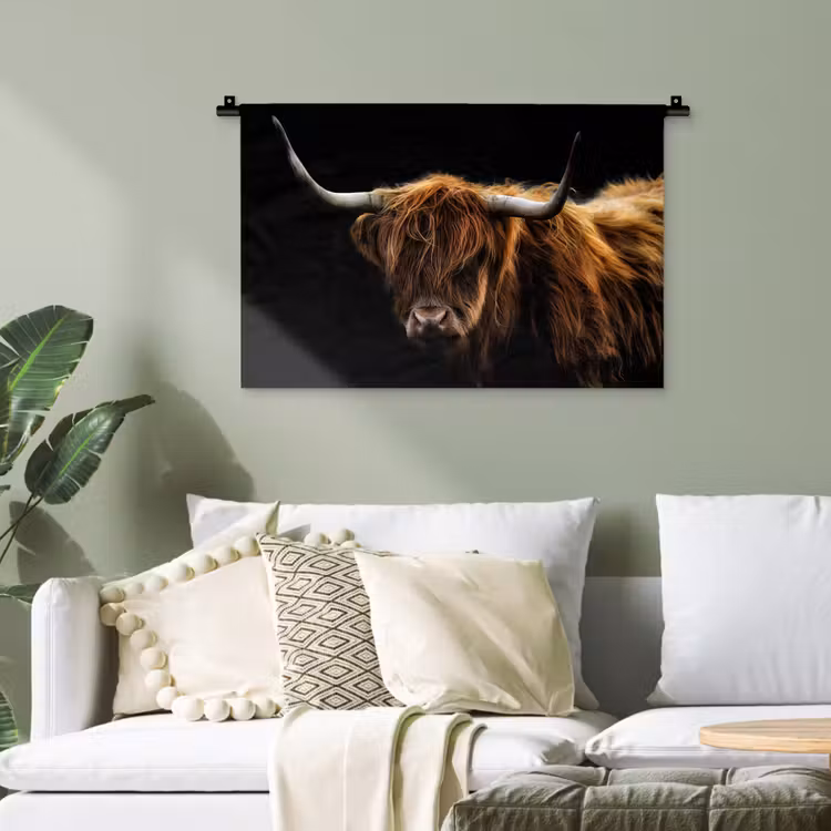 Schotse Hooglander - Horens - Zwart - Dieren - Natuur - Wild - Koe Wandkleed katoen klein -sfeer7