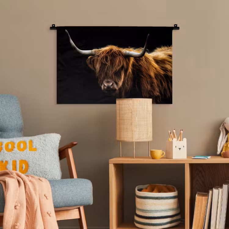 Schotse Hooglander - Horens - Zwart - Dieren - Natuur - Wild - Koe Wandkleed katoen klein -wsfeer4_kind