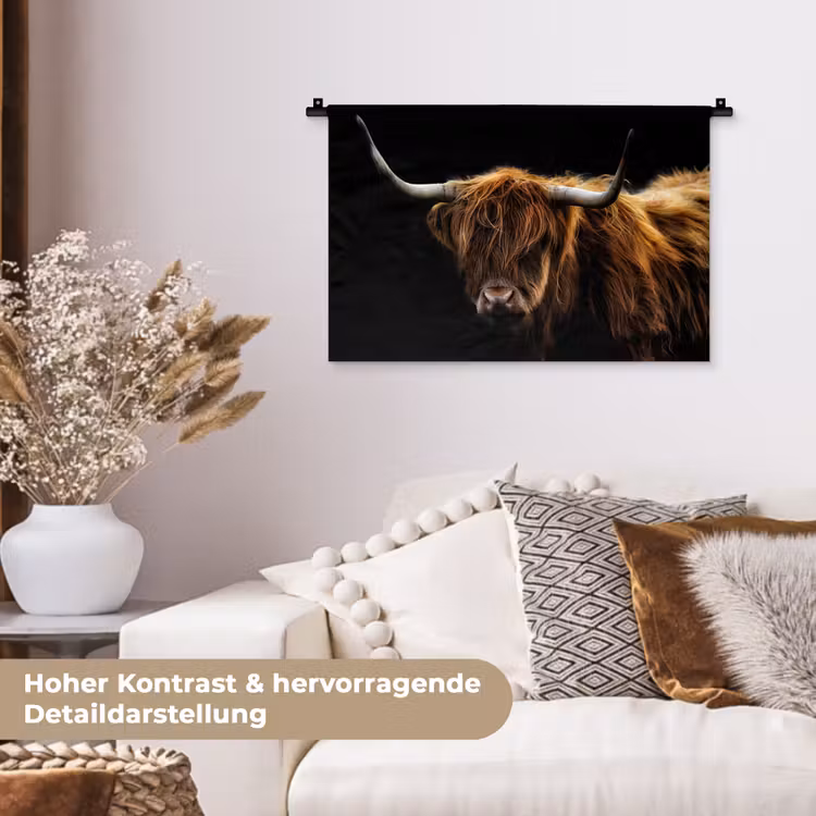 Schotse Hooglander - Horens - Zwart - Dieren - Natuur - Wild - Koe Wandkleed katoen klein -tsfeer1_DE
