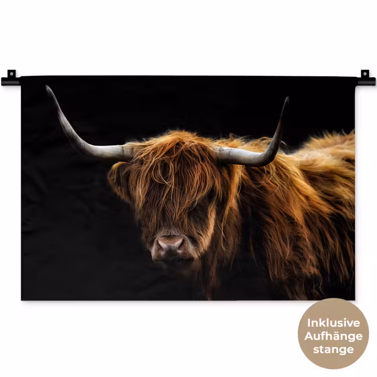 Schotse Hooglander - Horens - Zwart - Dieren - Natuur - Wild - Koe Wandkleed katoen klein -t3d_DE