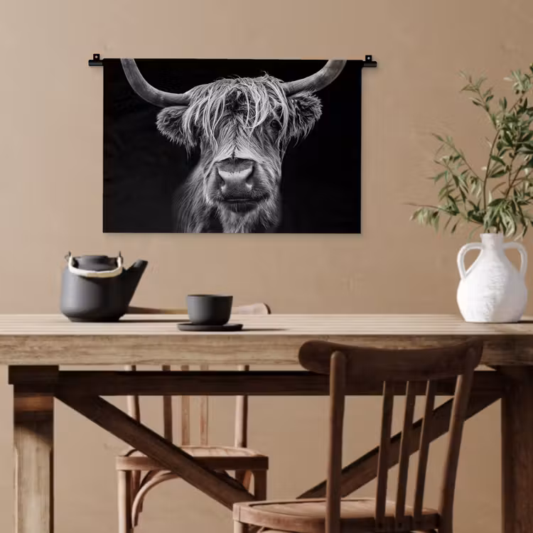 Schotse Hooglander - Horens - Zwart - Wit - Koe - Wild - Dieren Wandkleed katoen klein -sfeer6