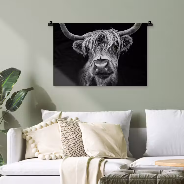 Schotse Hooglander - Horens - Zwart - Wit - Koe - Wild - Dieren Wandkleed katoen klein -sfeer7