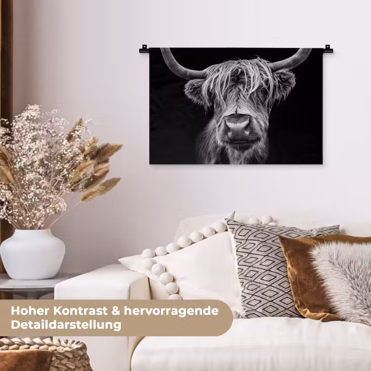 Schotse Hooglander - Horens - Zwart - Wit - Koe - Wild - Dieren Wandkleed katoen klein -tsfeer1_DE