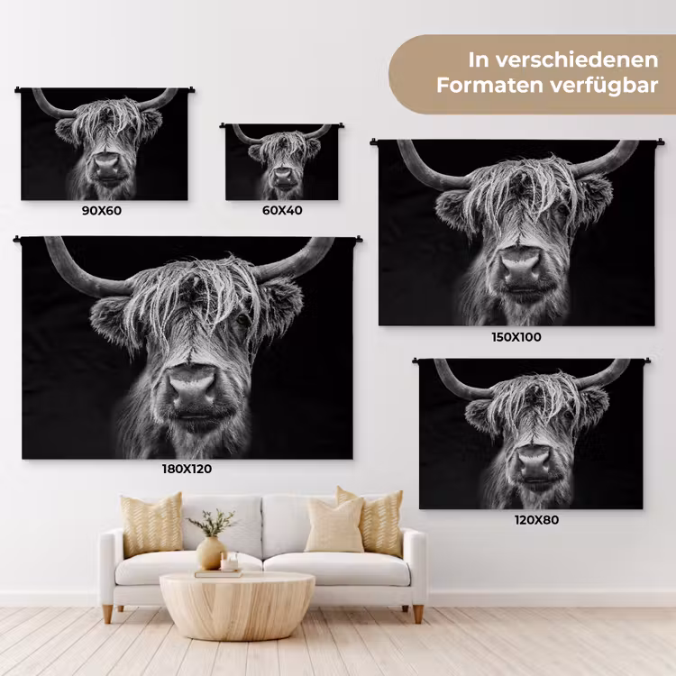 Schotse Hooglander - Horens - Zwart - Wit - Koe - Wild - Dieren Wandkleed katoen klein -tsfeer8_DE