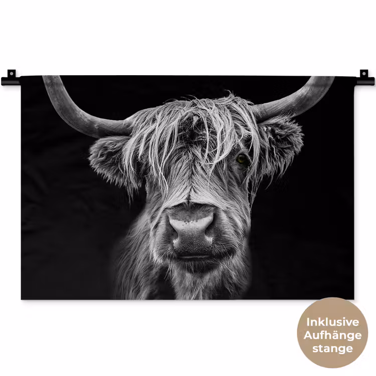 Schotse Hooglander - Horens - Zwart - Wit - Koe - Wild - Dieren Wandkleed katoen klein -t3d_DE