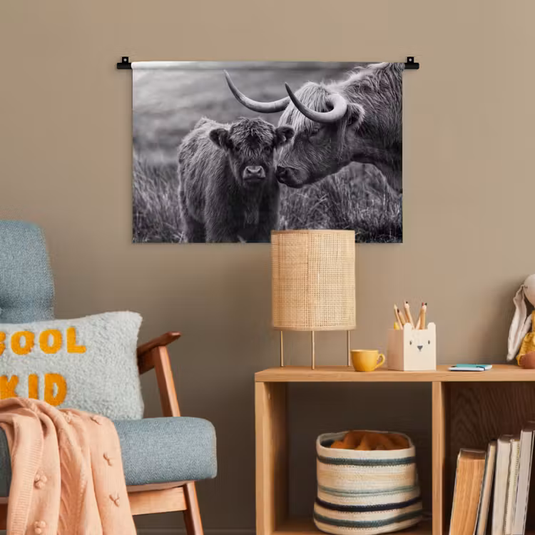 Schotse hooglander - Kalf - Zwart - Wit Wandkleed katoen klein -wsfeer4_kind