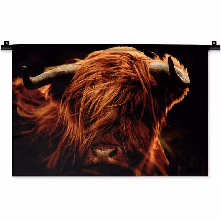Schotse hooglander - Koe - Hoorns - Portret - Dieren Wandkleed katoen klein -zz3d