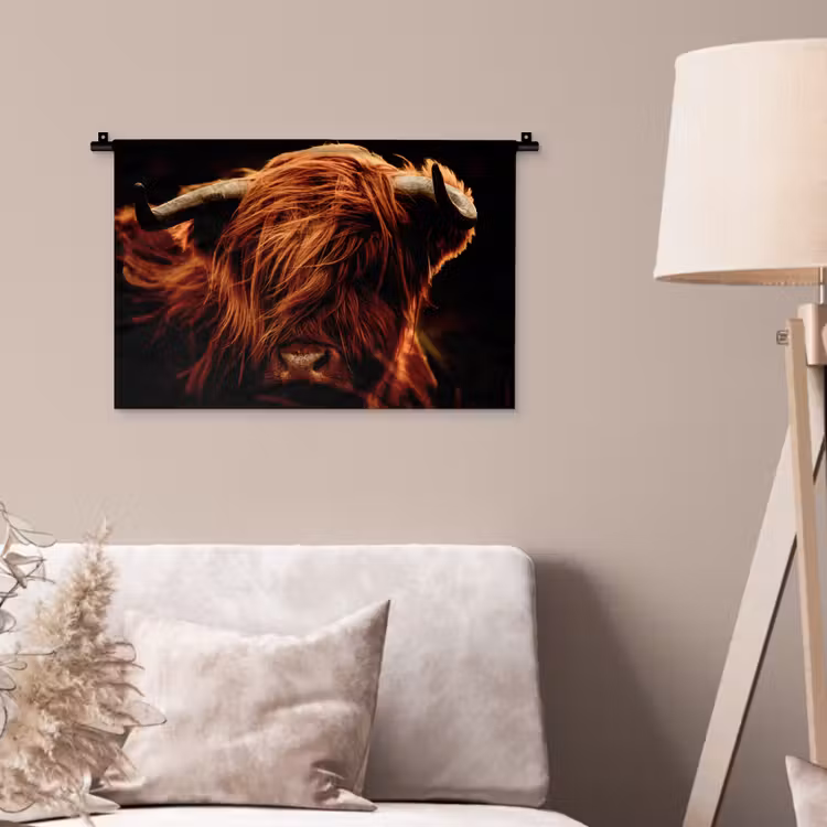 Schotse hooglander - Koe - Hoorns - Portret - Dieren Wandkleed katoen klein -sfeer4