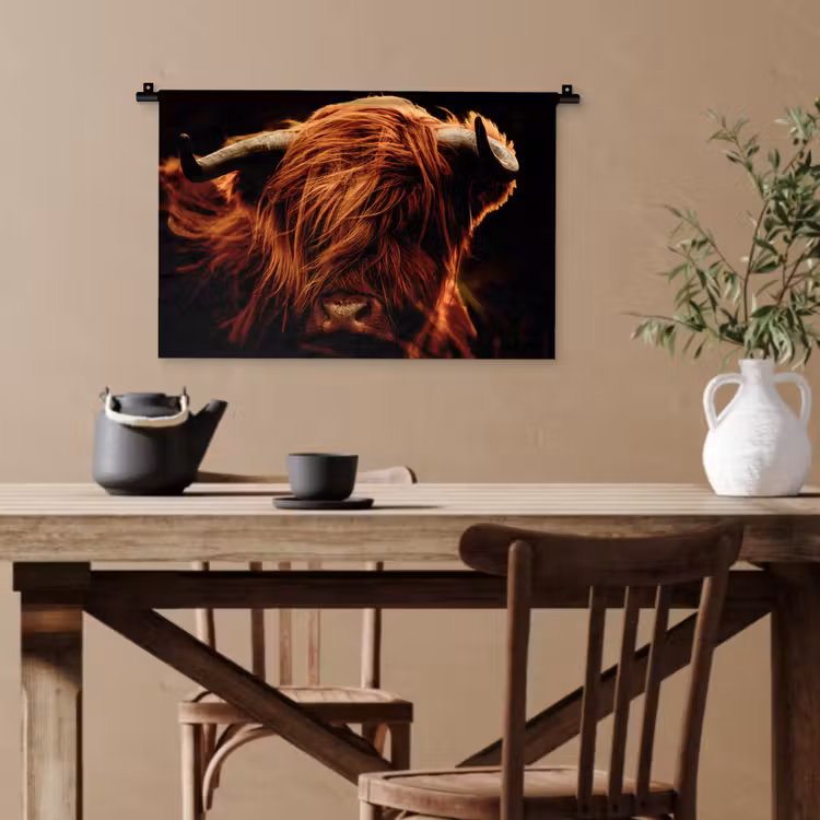 Schotse hooglander - Koe - Hoorns - Portret - Dieren Wandkleed katoen klein -sfeer6