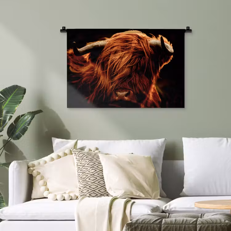Schotse hooglander - Koe - Hoorns - Portret - Dieren Wandkleed katoen klein -sfeer7