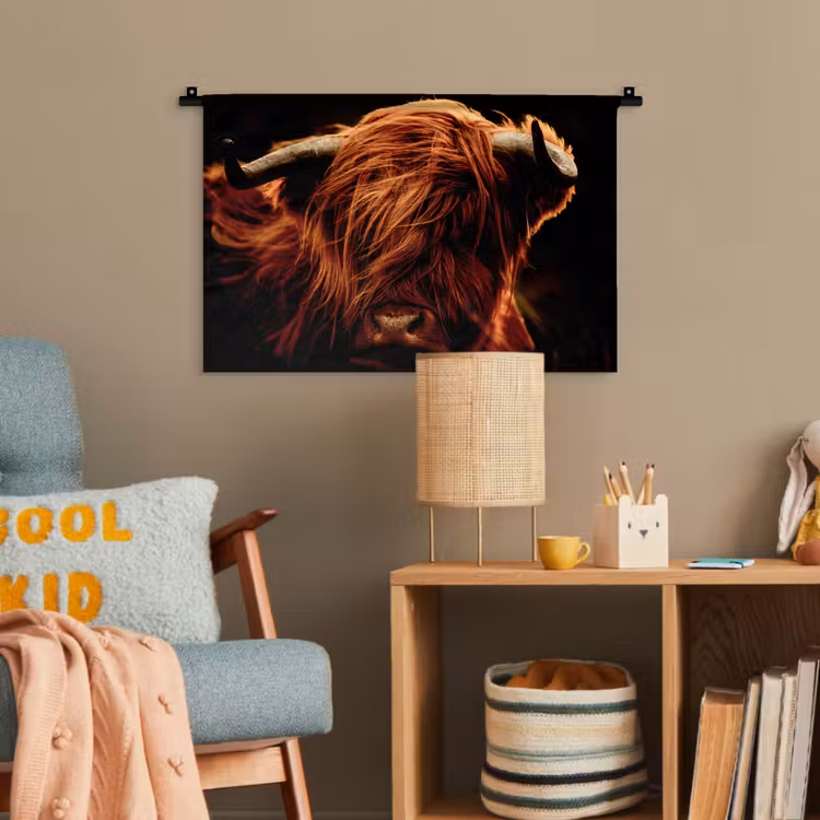 Schotse hooglander - Koe - Hoorns - Portret - Dieren Wandkleed katoen klein -wsfeer4_kind