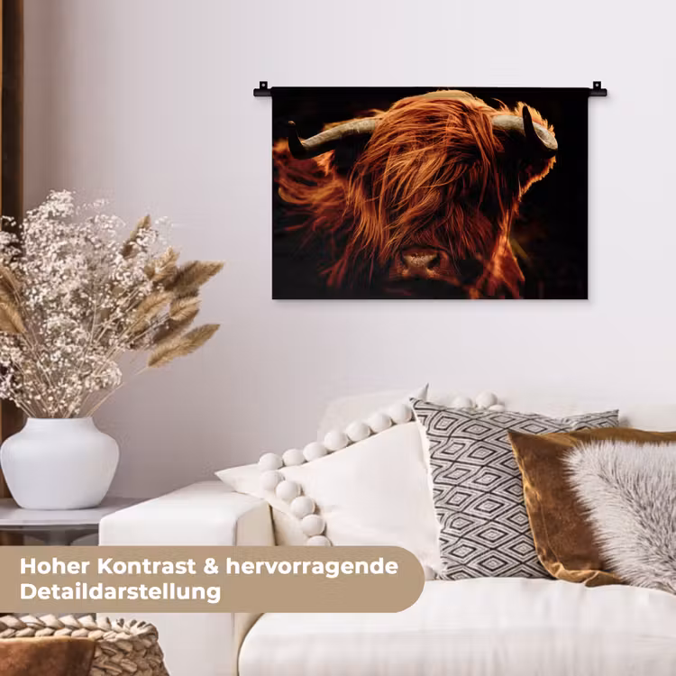 Schotse hooglander - Koe - Hoorns - Portret - Dieren Wandkleed katoen klein -tsfeer1_DE