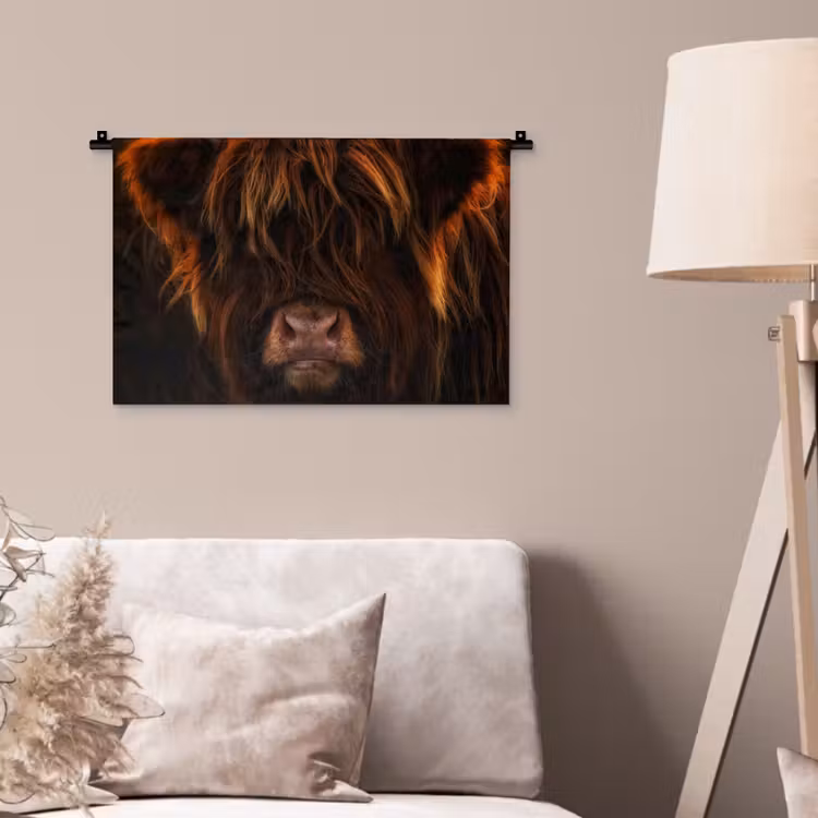 Schotse Hooglander - Koe - Portret - Dieren Wandkleed katoen klein -sfeer4