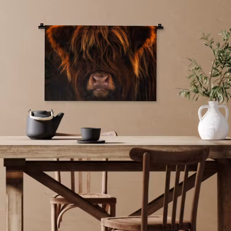 Schotse Hooglander - Koe - Portret - Dieren Wandkleed katoen klein -sfeer6