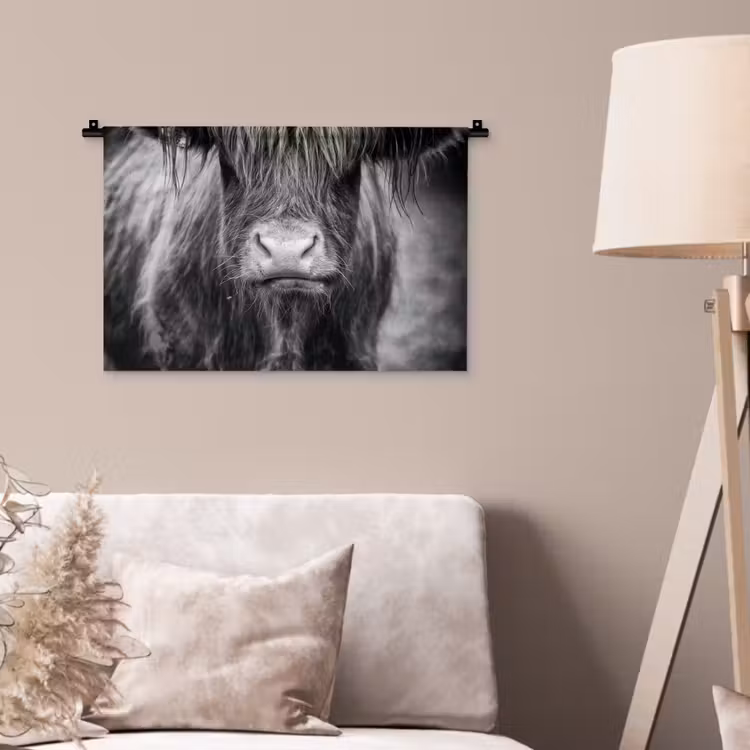 Schotse hooglander - Koe - Zwart - Wit - Dieren Wandkleed katoen klein -sfeer4