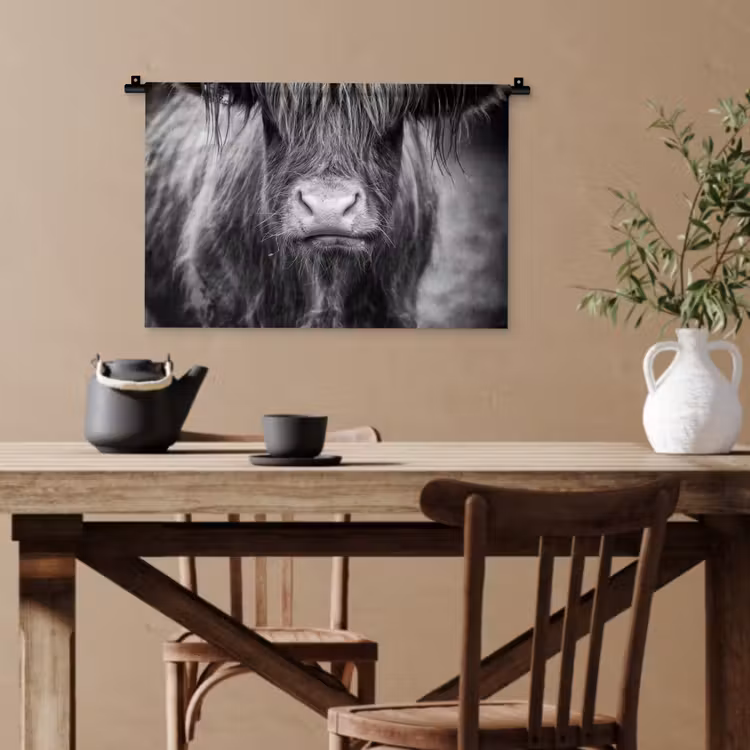 Schotse hooglander - Koe - Zwart - Wit - Dieren Wandkleed katoen klein -sfeer6