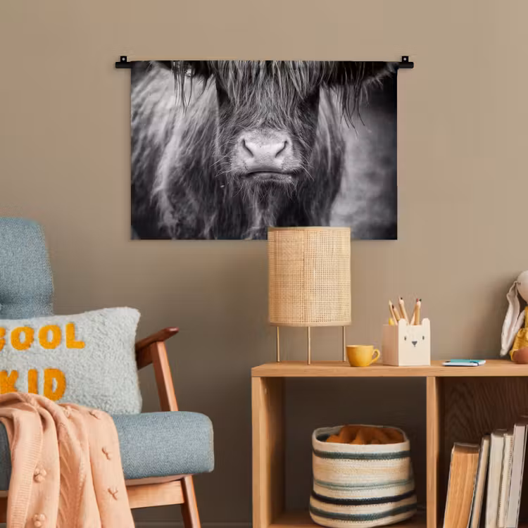 Schotse hooglander - Koe - Zwart - Wit - Dieren Wandkleed katoen klein -wsfeer4_kind