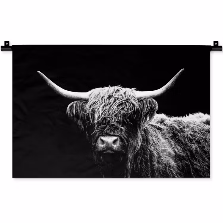 Schotse Hooglander - Koe - Zwart - Wit - Dieren Wandkleed katoen klein -zz3d
