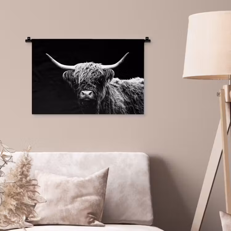 Schotse Hooglander - Koe - Zwart - Wit - Dieren Wandkleed katoen klein -sfeer4