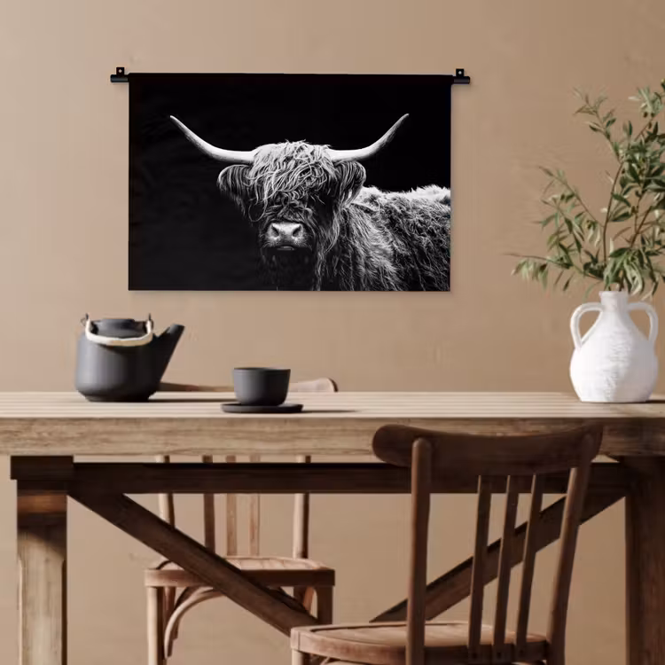 Schotse Hooglander - Koe - Zwart - Wit - Dieren Wandkleed katoen klein -sfeer6