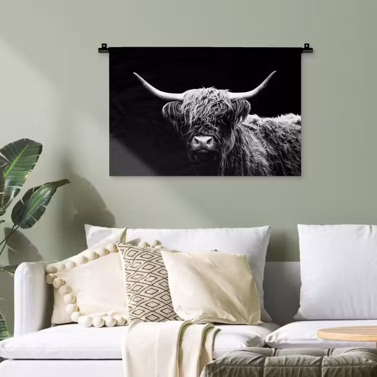 Schotse Hooglander - Koe - Zwart - Wit - Dieren Wandkleed katoen klein -sfeer7