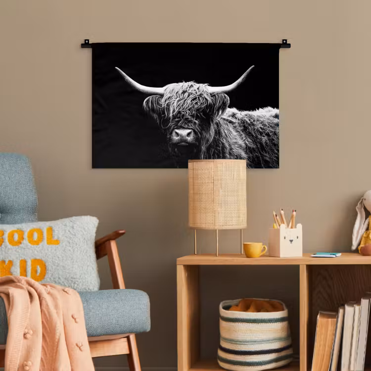 Schotse Hooglander - Koe - Zwart - Wit - Dieren Wandkleed katoen klein -wsfeer4_kind