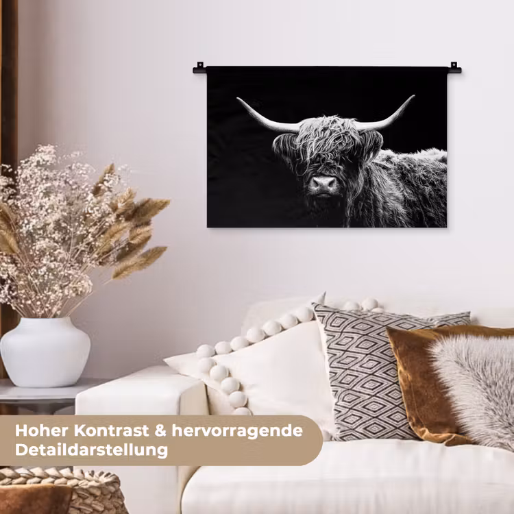 Schotse Hooglander - Koe - Zwart - Wit - Dieren Wandkleed katoen klein -tsfeer1_DE