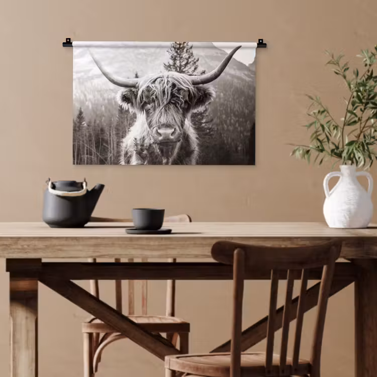Schotse hooglander - Koe - Dieren - Zwart - Wit Wandkleed katoen klein -sfeer6