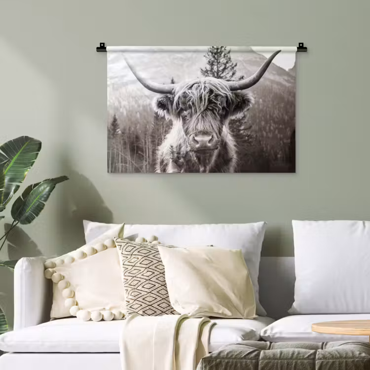 Schotse hooglander - Koe - Dieren - Zwart - Wit Wandkleed katoen klein -sfeer7