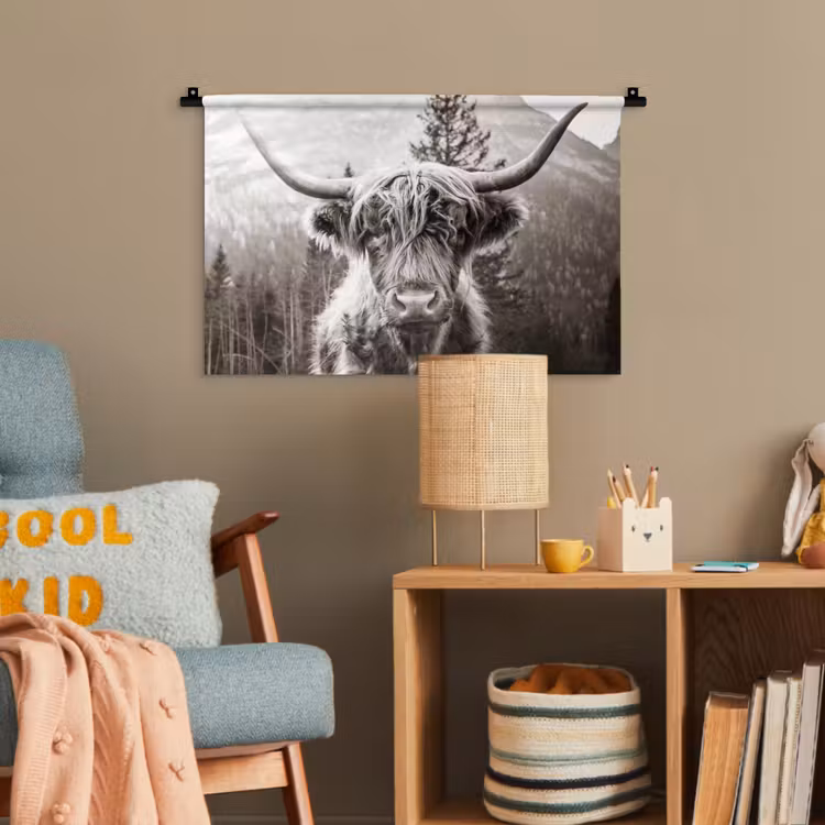 Schotse hooglander - Koe - Dieren - Zwart - Wit Wandkleed katoen klein -wsfeer4_kind