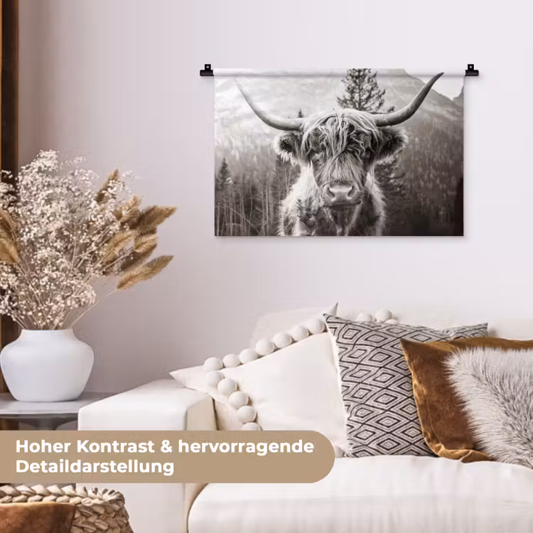 Schotse hooglander - Koe - Dieren - Zwart - Wit Wandkleed katoen klein -tsfeer1_DE