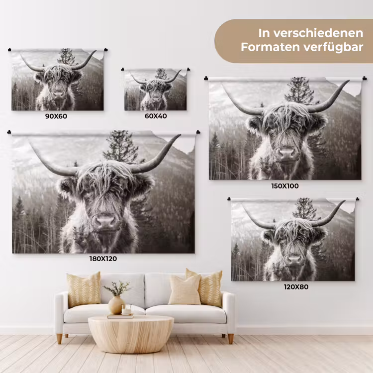Schotse hooglander - Koe - Dieren - Zwart - Wit Wandkleed katoen klein -tsfeer8_DE