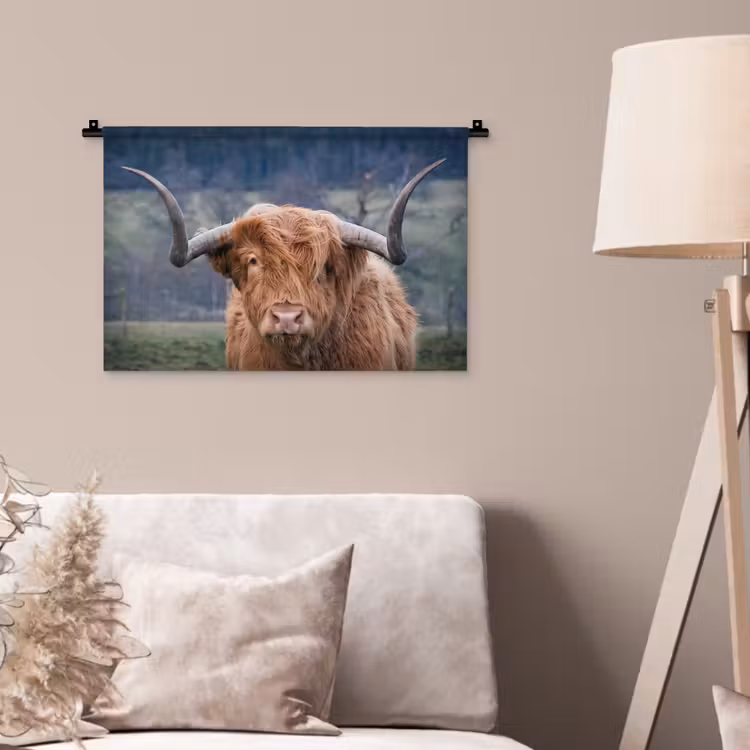 Schotse Hooglander - Koeienkop - Landschap - Natuur - Koe Wandkleed katoen klein -sfeer4