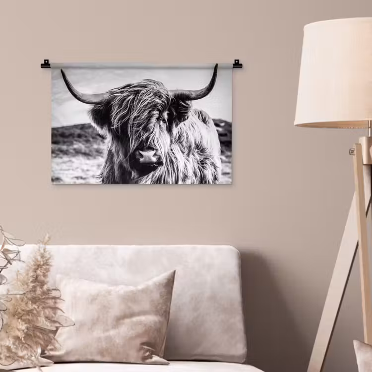 Schotse hooglander - Natuur - Koe - Zwart - Wit Wandkleed katoen klein -sfeer4