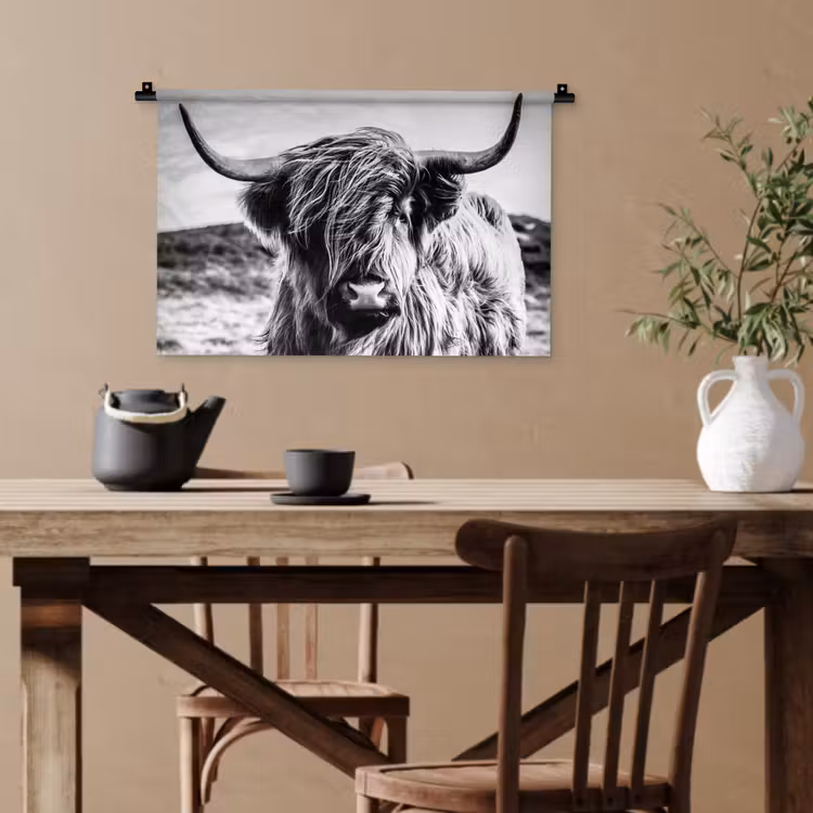 Schotse hooglander - Natuur - Koe - Zwart - Wit Wandkleed katoen klein -sfeer6