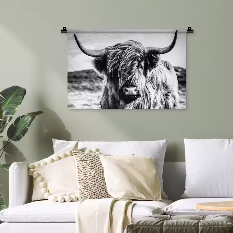 Schotse hooglander - Natuur - Koe - Zwart - Wit Wandkleed katoen klein -sfeer7
