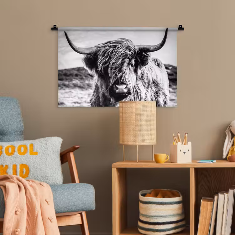 Schotse hooglander - Natuur - Koe - Zwart - Wit Wandkleed katoen klein -wsfeer4_kind