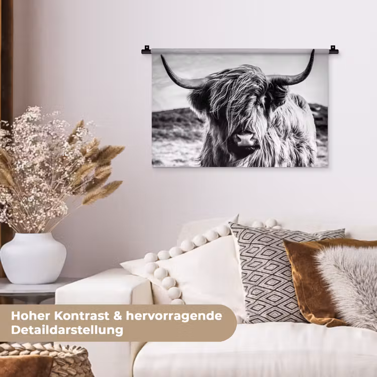 Schotse hooglander - Natuur - Koe - Zwart - Wit Wandkleed katoen klein -tsfeer1_DE