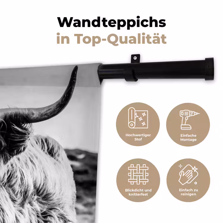 Schotse hooglander - Natuur - Koe - Zwart - Wit Wandkleed katoen klein -tsfeer2_DE